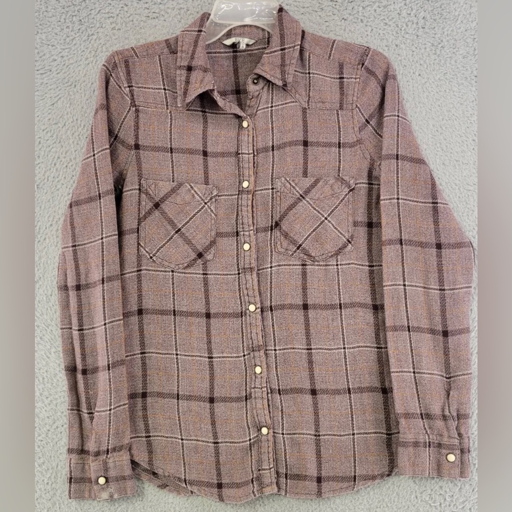 BKE Shirt Womens Medium Purple Plaid Pearl Snap Long Sleeve Fitted Collared
